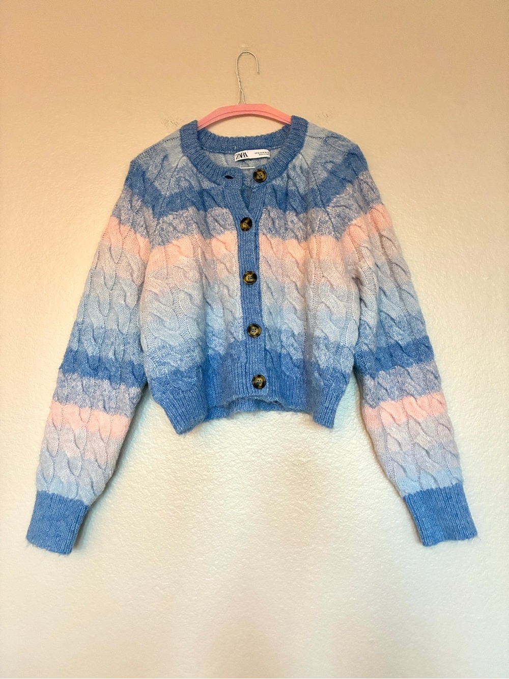 Zara Cable Knit Colorblock Cardigan Women's Medium Crop Blue Light Pink Cream